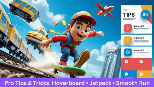 Subway Surfers pro tips and tricks infographic with hoverboard and jetpack usage