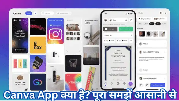 Visual explaining what Canva app is with examples of thumbnails, posts, and design templates.