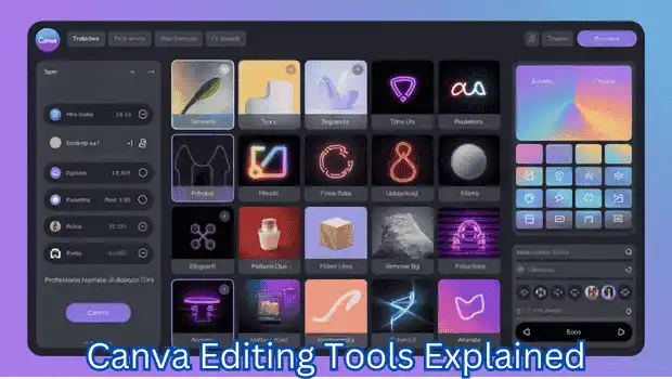Canva editing tools visual guide with icons and labels in Hindi.