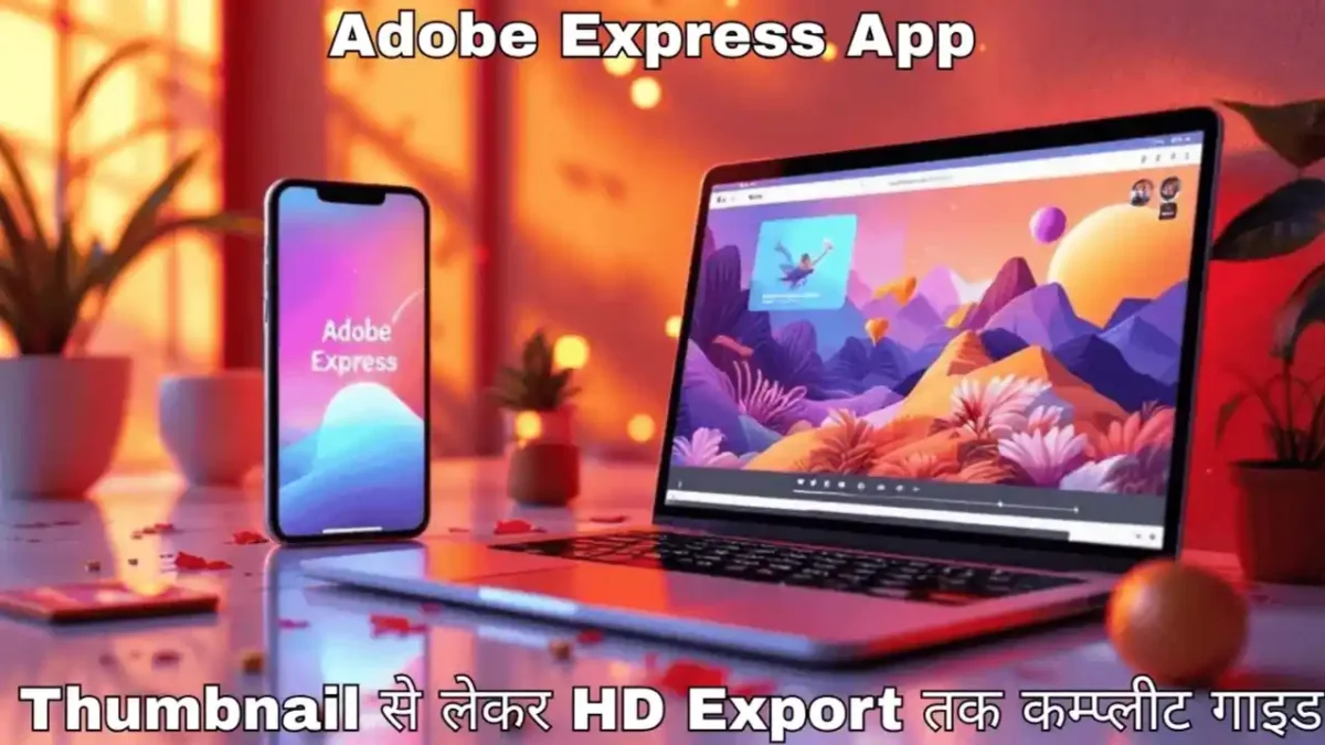 Adobe Express App Hindi guide showing thumbnail and Instagram post design on mobile and web