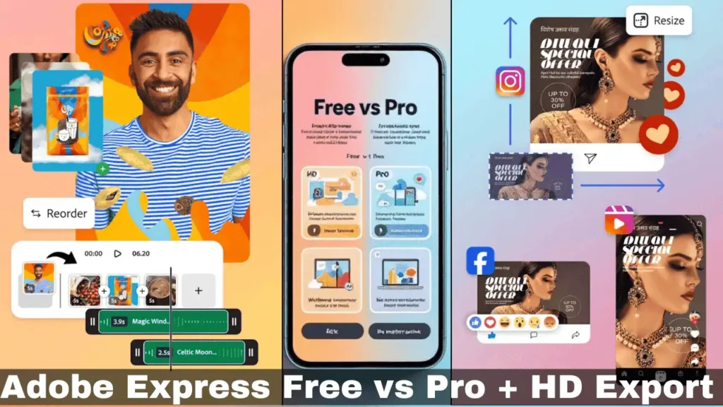 Adobe Express free vs pro comparison showing HD export and features