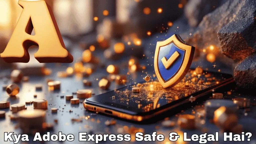 Adobe Express app shown as safe and legal design tool with security symbols