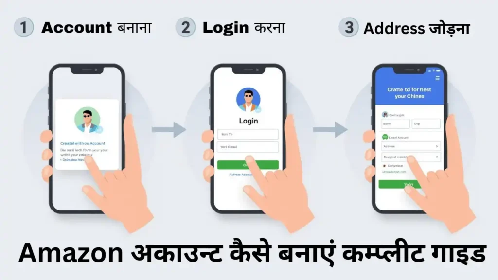 Amazon App account create, login and address add steps infographic in Hindi