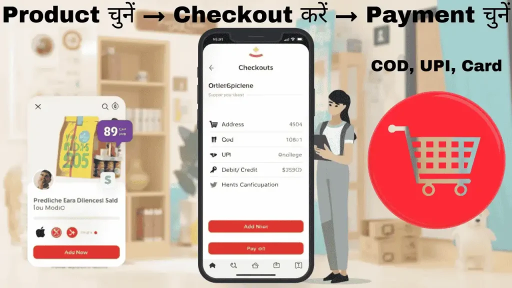 Amazon App ordering flow with COD, UPI, card payment options in Hindi guide