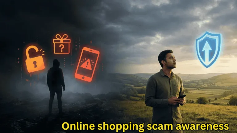 Online shopping scam awareness image showing fake offers and safety alert