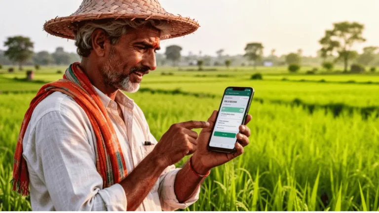 Indian farmer checking PM Kisan installment status on mobile app