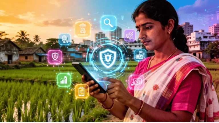 Village family using government mobile apps in rural India