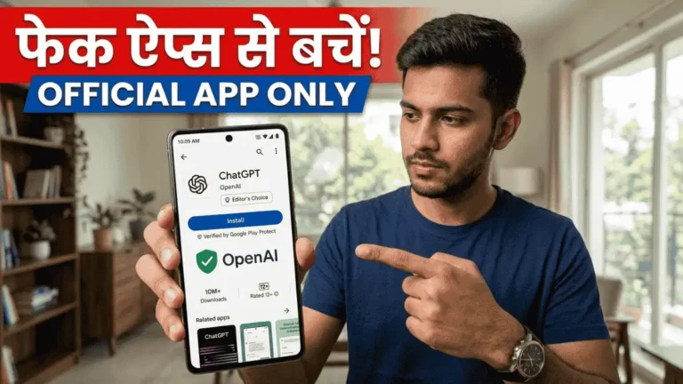 एक सतर्क व्यक्ति अपने फोन स्क्रीन पर असली ChatGPT ऐप डाउनलोड करते हुए, फेक ऐप्स से बचते हुए।