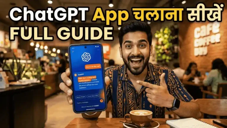 एक मुस्कुराता हुआ भारतीय युवक अपने स्मार्टफोन पर ChatGPT App का उपयोग करना सीख रहा है, स्क्रीन पर हिंदी में लिखा है "ChatGPT चलाना सीखें"।