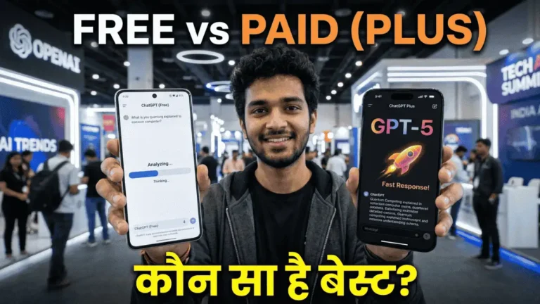 एक तुलनात्मक इमेज जिसमें एक तरफ फ्री और दूसरी तरफ बिजली की गति वाला पेड ChatGPT Plus वर्जन दिख रहा है।