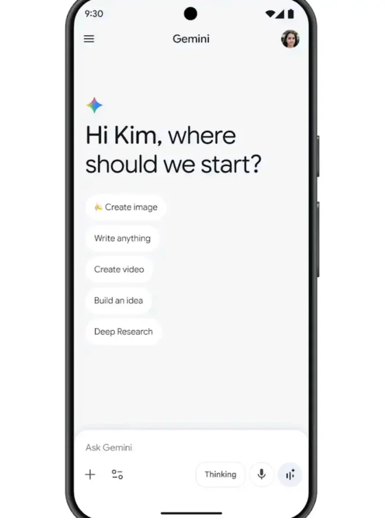 Google Gemini app user interface showing create image and deep research options.