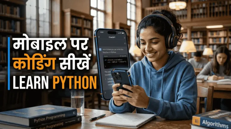 एक छात्र अपने मोबाइल पर ChatGPT ऐप का उपयोग करके पायथन कोडिंग सीख रहा है, स्क्रीन पर कोड दिख रहा है।