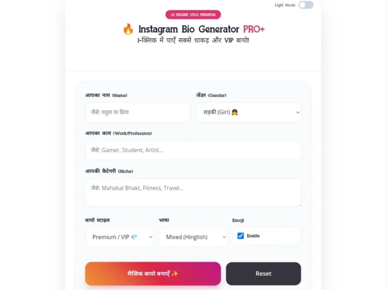 Instagram bio tool for girls with Hindi and Hinglish language options.