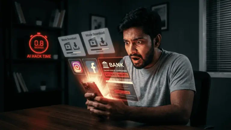 एक डरा हुआ युवक अपने मोबाइल पर 0.8 सेकंड में पासवर्ड हैक होने का अलर्ट देखते हुए।