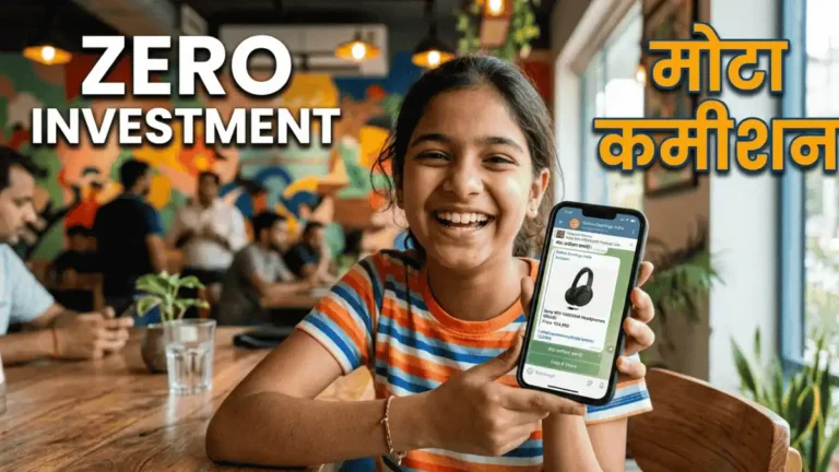 Young person promoting affiliate products on telegram app for earning money.