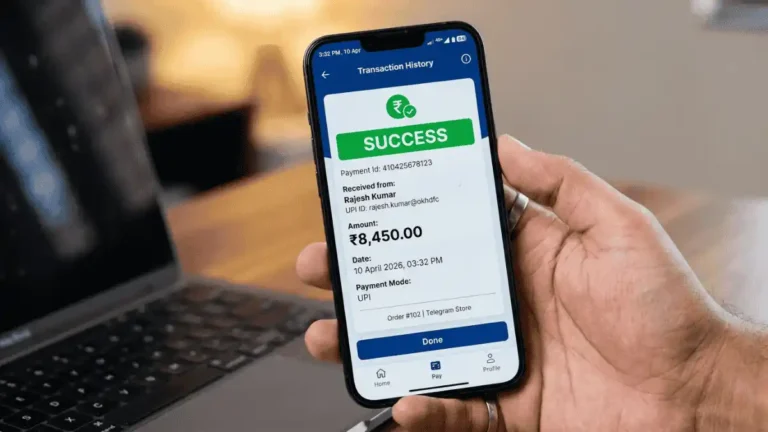 A realistic close-up of a smartphone screen showing a successful payment of 12,500 rupees for a product sold on Telegram.