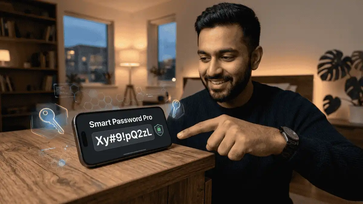 युवक मोबाइल स्क्रीन पर 'Smart Password Pro' के सुरक्षित रैंडम पासवर्ड 'Xy#9!pQ2zL' की ओर इशारा करते हुए।